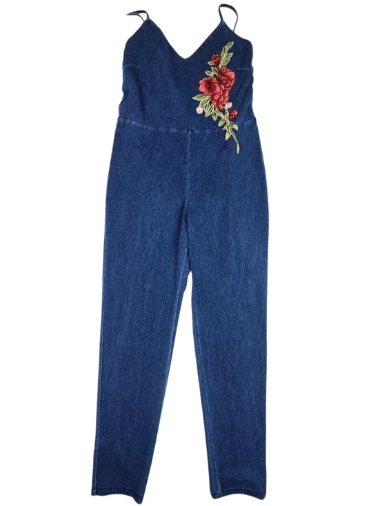 Akira Dark Blue Denim Jumpsuit with Floral Embroidery - Picture 1 of 8